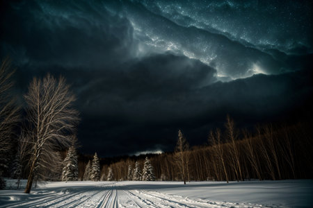 A Snow Covered Field Under A Cloudy Sky. Generative AIの素材