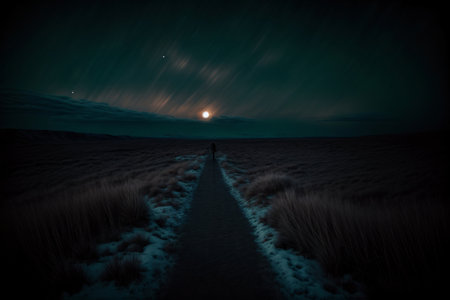 A Person Standing In The Middle Of A Snow Covered Field. Generative AIの素材