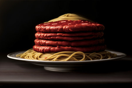 A Stack Of Spaghetti On A Plate On A Table. Generative AIの素材