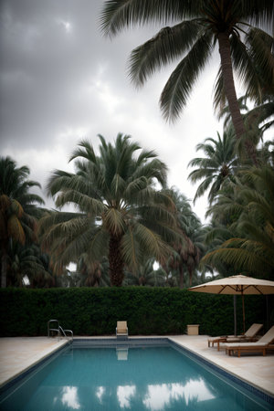 A Large Swimming Pool Surrounded By Palm Trees. Generative AIの素材