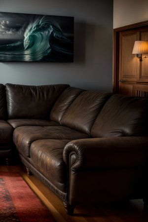 A Living Room With A Couch And A Painting On The Wall. Generative AIの素材
