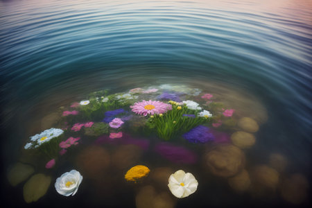 A Group Of Flowers Floating On Top Of A Body Of Water. Generative AIの素材