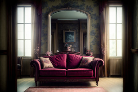 A Red Couch Sitting In A Living Room Next To A Window. Generative AIの素材