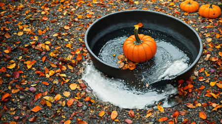 Two Pumpkins Floating In A Bowl Of Water. Generative AIの素材