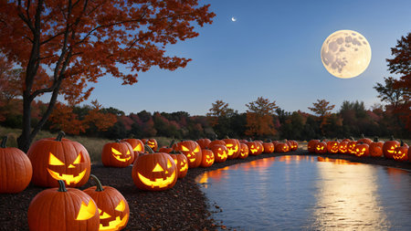 A Row Of Carved Pumpkins Sitting Next To A Lake. Generative AIの素材