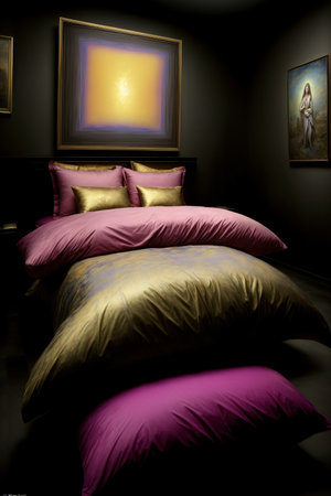 A Bed In A Dark Room With A Painting On The Wall. Generative AIの素材