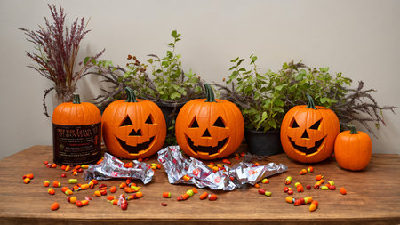 A Group Of Carved Pumpkins Sitting On Top Of A Wooden Table. Generative AIの素材