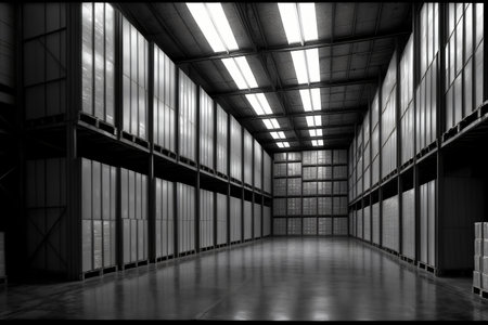 A Black And White Photo Of A Warehouse. Generative AIの素材