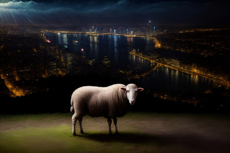 A Sheep Standing On Top Of A Lush Green Field. Generative AIの素材