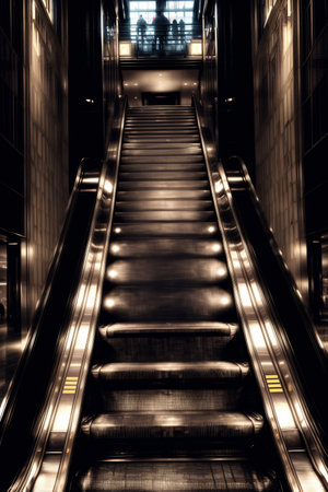 An Escalator In A Building With Lights On. Generative AIの素材