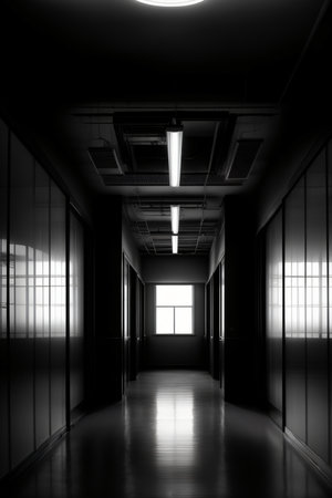 A Black And White Photo Of A Long Hallway. Generative AIの素材