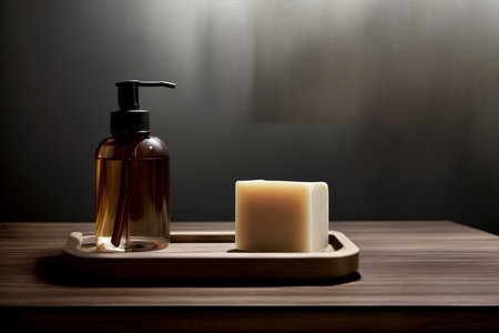 A Soap Dispenser Next To A Soap Bar On A Wooden Tray. Generative AIの素材