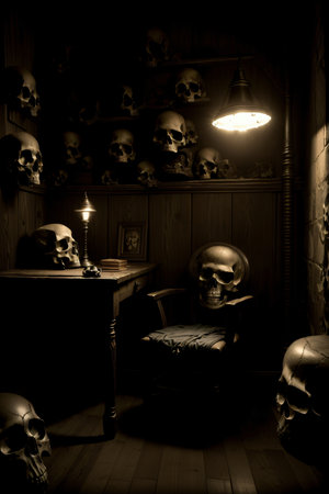 A Dimly Lit Room With Skulls On The Wall. Generative AIの素材