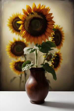 A Painting Of Sunflowers In A Vase On A Table. Generative AIの素材