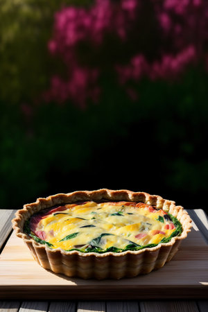 A Quiche Sitting On Top Of A Wooden Cutting Board. Generative AIの素材