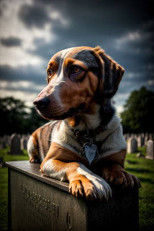A Brown And Black Dog Laying On Top Of A Grave. Generative AIの素材