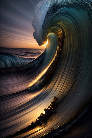 A Painting Of A Large Wave In The Ocean. Generative AIの素材