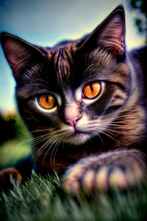 A Close Up Of A Cat Laying In The Grass. Generative AIの素材