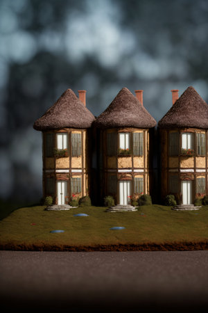 A Couple Of Small Houses Sitting On Top Of A Lush Green Field. Generative AIの素材
