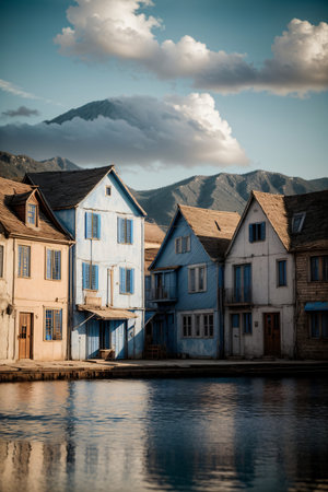 A Row Of Houses Next To A Body Of Water. Generative AIの素材