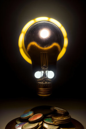 A Light Bulb Sitting On Top Of A Pile Of Coins. Generative AIの素材