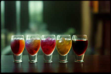A Row Of Glasses Filled With Different Colored Liquid. Generative AIの素材