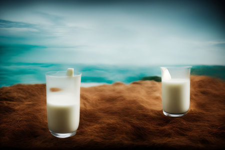 A Couple Of Glasses Of Milk Sitting On Top Of A Table. Generative AIの素材