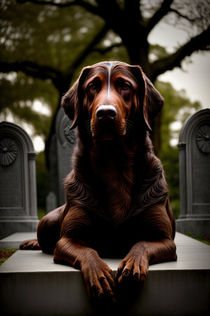A Large Brown Dog Sitting On Top Of A Cement Bench. Generative AIの素材