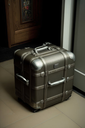A Suitcase Sitting On The Floor In Front Of A Door. Generative AIの素材
