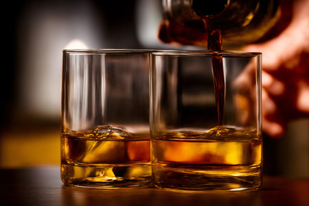 A Person Pouring A Beverage Into Two Glasses. Generative AIの素材