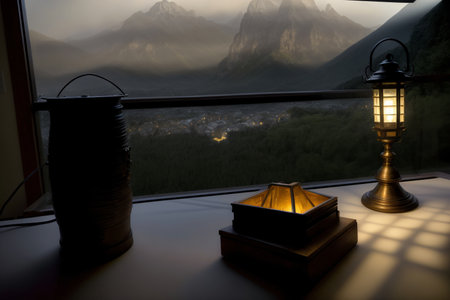 A Lamp Sitting On Top Of A Table Next To A Window. Generative AIの素材