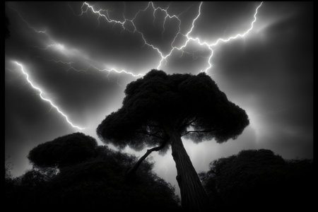 A Black And White Photo Of A Tree And Lightning. Generative AIの素材