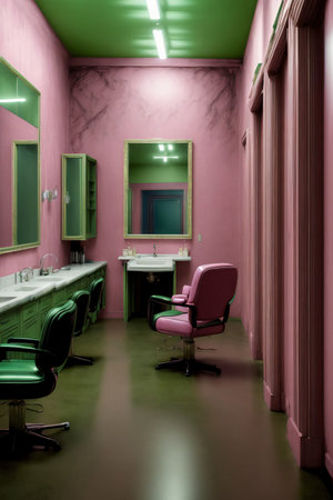A Bathroom With Pink Walls And A Green Chair. Generative AIの素材