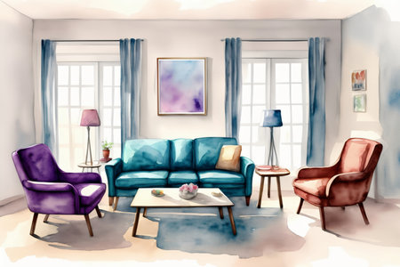 A Living Room Filled With Furniture And A Painting On The Wall. Generative AIの素材