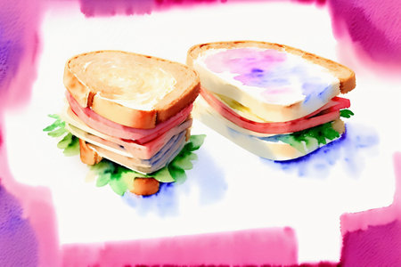 A Cut In Half Sandwich Sitting On Top Of A White Plate. Generative AIの素材