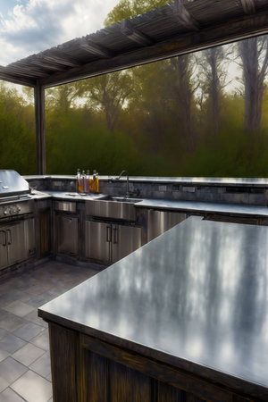 A Large Outdoor Kitchen With Stainless Steel Counter Tops. Generative AIの素材