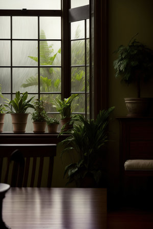 A Wooden Table Topped With Potted Plants Next To A Window. Generative AIの素材