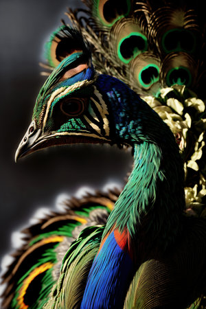A Close Up Of A Peacock On A Dark Background. Generative AIの素材
