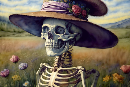 A Painting Of A Skeleton Wearing A Hat. Generative AIの素材