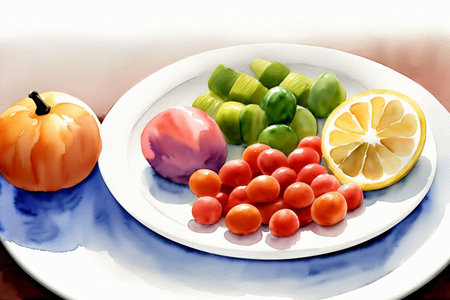 A Painting Of A Plate Of Vegetables On A Table. Generative AIの素材