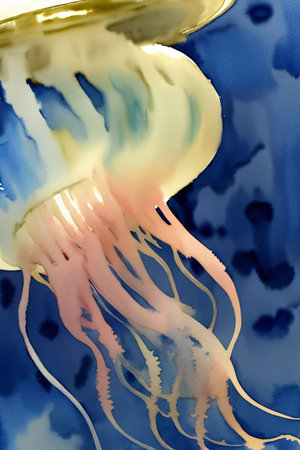 A Close Up Of A Jellyfish On A Blue And White Plate. Generative AIの素材