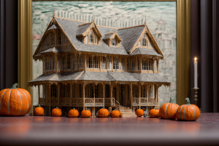 A Wooden Model Of A House Surrounded By Pumpkins. Generative AIの素材
