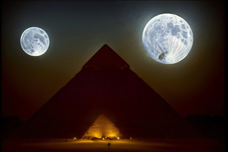 An Image Of A Pyramid At Night With The Moon In The Sky. Generative AIの素材