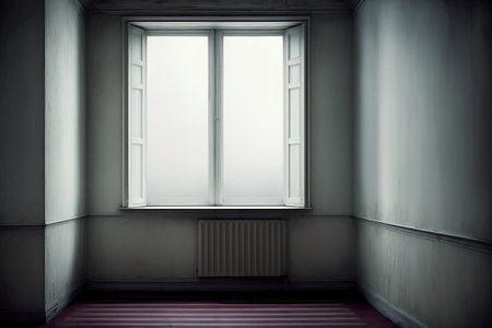 An Empty Room With A Radiator And A Window. Generative AIの素材