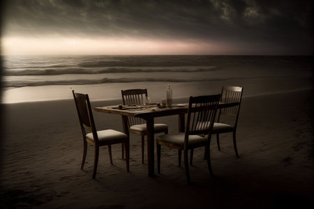 A Couple Of Chairs Sitting At A Table On A Beach. Generative AIの素材