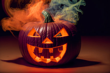 A Carved Pumpkin Sitting On Top Of A Table. Generative AIの素材