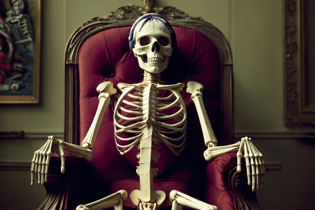A Skeleton Sitting On A Red Chair In A Room. Generative AIの素材