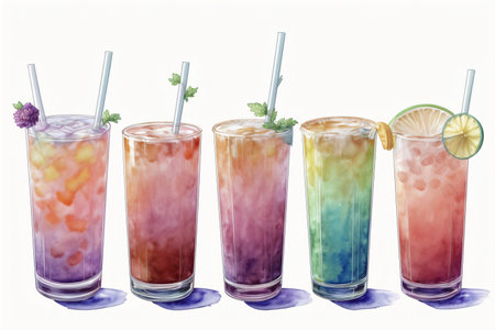 A Row Of Colorful Drinks With Straws And Garnishes. Generative AIの素材