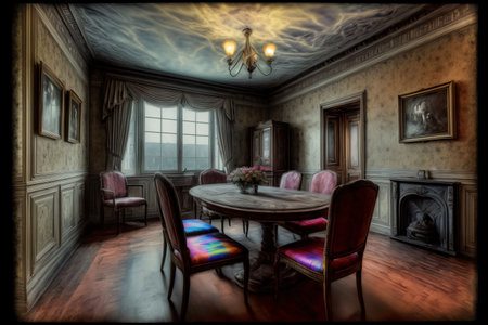 A Painting Of A Dining Room With A Table And Chairs. Generative AIの素材