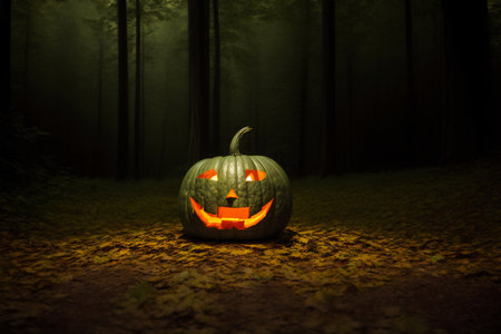 A Carved Pumpkin Sitting In The Middle Of A Forest. Generative AIの素材